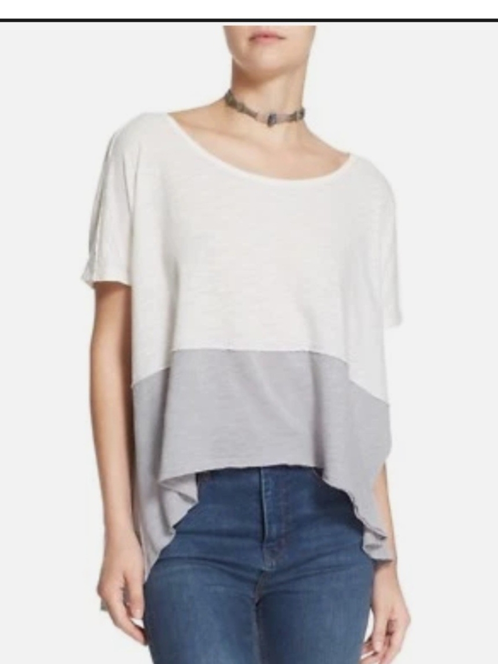 We The Free Two-Tone White and Light Gray High-Low Tee